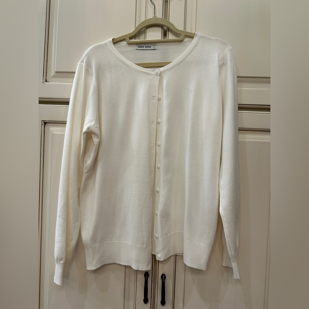 Grace Karin Womens White Button Front Cardigan Sweater Size L Long Sleeve Knit